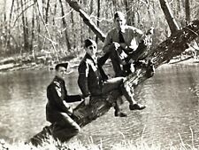W2 Photograph 1942 Three Friends Men Guys Climb Pose On Fell Tree Nature Stream picture