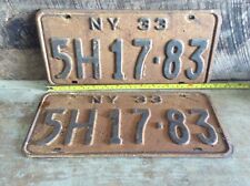 Antique Pair Of Matching NY License Plates, Rustic Non Refurbished 1933 5H 17-83 picture