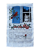 1993 Calendar Linen Tea Dish Kitchen Towel Cat Cardinal Roses Shakespeare Quote picture