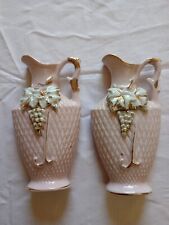 Vintage Pair of Japanese Pink Ceramic Pitchers / Vases Grapes & Leaves picture