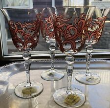 Romania Hand Painted Red Abstract Water Wine Glass Ball Stem New Stickers Set 4 picture