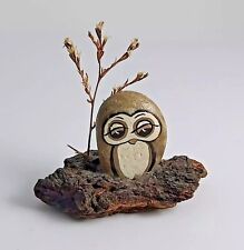 Vintage Handmade Painted Rock Stone Owl Driftwood Art Sculpture MCM Kitsch 3