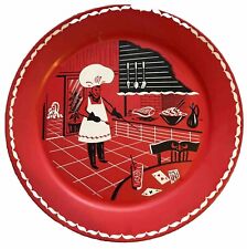 VINTAGE LARGE RED ROUND MID-CENTURY MODERN DESIGN CHEF METAL TRAY picture