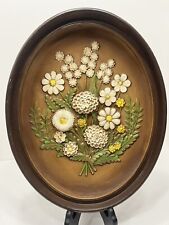 Vintage Floral Chalkware Brown Wall Plaque White Yellow Wild Flowers 14 1/2