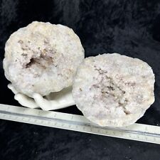 4-3/4” Large Amethyst Hue Milky Quartz Crystal Cluster GEODE Matching Pair picture