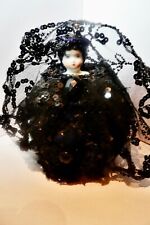 Vintage China Shoulder Doll Pin Cushion Or Ring Caddy Black Lace Over Blue Jet picture