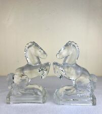 Vintage Pair of Clear Glass Rearing Horse Bookends Heavy Blown Glass 8” Tall picture