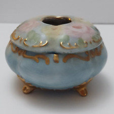 Hair Receiver Vtg Porcelain Footed Hand Painted Pink Blue Cotton Ball Gilt EUC picture
