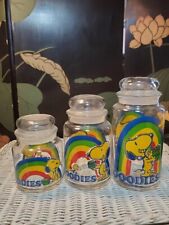 Vintage Snoopy Woodstock Rainbow Goodies Glass Jar Set of 3 Canister Set picture