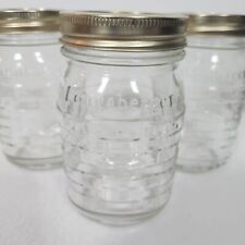 3 Longaberger Vintage Blue Ribbon Weave Design Pint Clear Canning Jars+Lids USA picture