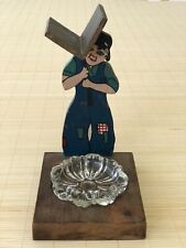 Vintage Folk Art Wooden Figure Smoke Stand / Card Holder With Glass Ashtray picture