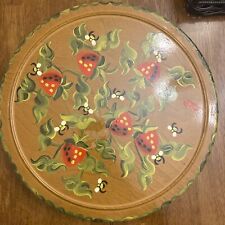 Vtg Wood Pedestal Hand painted Bees Strawberries Cake Stand Primitive Signed picture