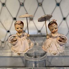 Vintage Ucagco Spaghetti Trim 1950s Figurines Twin Girls with Umbrella/Parasol picture
