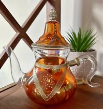 BEAUTIFUL MOROCCAN GLASS TEAPOT WITH LID GOLD ORNAMENT 8” TALL picture