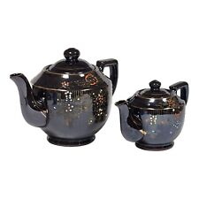 1940s Redware Pottery Teapot Set Japanese Moriage Hand-Painted Brown picture