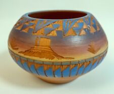 Navajo Etched Pottery Pot Terracotta Blue Signed Vintage  picture