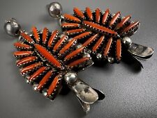 RARE OLD Vintage ZUNI Sterling Silver Coral Squash Blossom Dangle Earrings picture