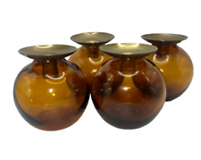 Vtg MCM Lindshammar Swedish Amber Glass Lightball Candlestick Holders Set of 4 picture
