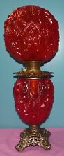 Antique Consolidated Red Satin Glass Diamond Drape GWTW Oil Lamp picture
