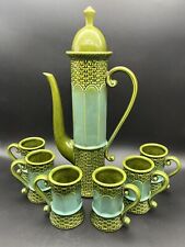 Vintage Japan Ceramic Medieval Castle Keep Tea Pot & 6 Mugs Cups Chartreuse Teal picture