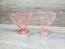 Vtg Pink Depression Etched Elegant Glass Cream & Sugar Set picture