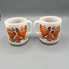 Vintage MCM Glassbake Milk Glass Rooster & Chicken Mug Set Of 2 picture