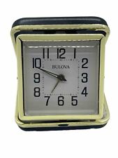 Vintage Bulova Travel Alarm Clock Wind-Up Gold/Black Leather Fold Up Case Tested picture