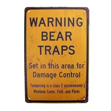 Metal Bear Traps Warn Beware Caution Tin Wall Sign Outdoor Hunting Cabin Decor picture