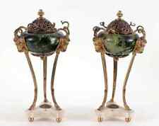Antique Urns, Green Marble, French Empire Style, Bronze and Marble, Pair, 1900's picture