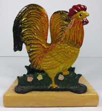 Vintage Cast Iron Rooster Napkin/Letter Holder/Door Stop Wood Base Country/Farm picture