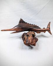 Burlwood Swordfish Sculpture Hand Carved Wooden Marlin Nautical Decor Base Cool picture