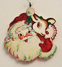 SANTA CLAUS w RUDOLPH RED NOSE REINDEER  * Glitter CHRISTMAS ORNAMENT * Vtg Img picture