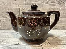 Brown Porcelain Teapot Hand Painted Floral Gold Trim 6.25x4.5” Japan Vintage picture