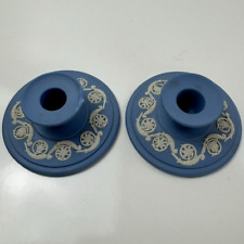 Wedgwood Vintage Pair Of Blue Jasperware Candlestick Holders Made In England picture
