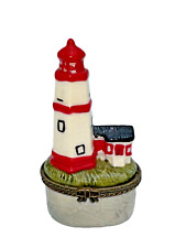 Vintage Trinket Box Ceramic Lighthouse Gloss Finish 3 inches Tall White and Red picture