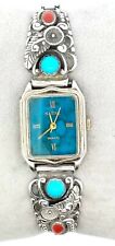 Vintage Navajo STC Sterling Silver Bangle Watch w/ Coral & Turquoise 26.8 Grams picture