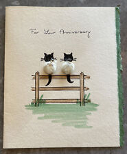 Vintage Cats on Fence Real 3D Pussy Willow Bodies Anniversary Greeting Card picture