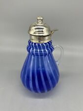 Cobalt Blue Opalescent Spiral Glass Syrup Pitcher Antique Victorian picture