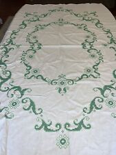 Vintage Cottage Tablecloth Cross Stitch Scalloped Edges White Green 48.5” X 64” picture