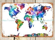 Earth world map watercolor Art metal tin sign accent wall picture