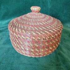 Vintage Primitive Coiled Pine Needle Basket Red Dyed Dried Grass Lid Sewing picture