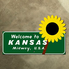 Kansas state line highway marker road sign 1975 welcome USA midway sunflower 22