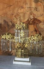 Antique Crystal Girandole Candlestick Etched Prisms Marble Base Large picture