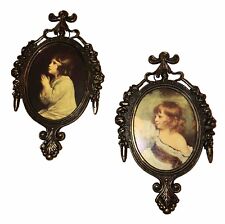 Vintage Miniature Pair Italy Angelic Praying Children Hanging Metal Pictures picture
