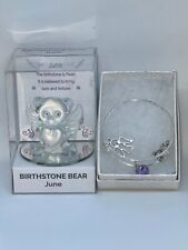 New June Glass Birthstone Angel Bear Figurine & Matching Girls Charm Bracelet picture