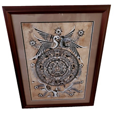 Amate Bark Aztec Mayan Calendar Painting framed behind Glass/Wood Frame picture