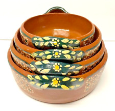 Traditional Mexican Terracotta Redware Clay Green Nesting Serving Bowls 4 Pieces picture