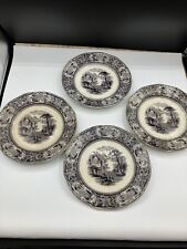 Four Antique Sam Alcock Hill Loretta Transfer Ware Flow Plates In Black 8 3/4” picture