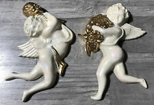 ANGEL CHERUB Ceramic  Set 2 WALL Hangers Plaques  Hollywood MCM 1964 W16 picture