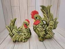 Ceramic Fancy Green Chickens Male & Female Hand Painted Vintage Very Nice LOOK picture